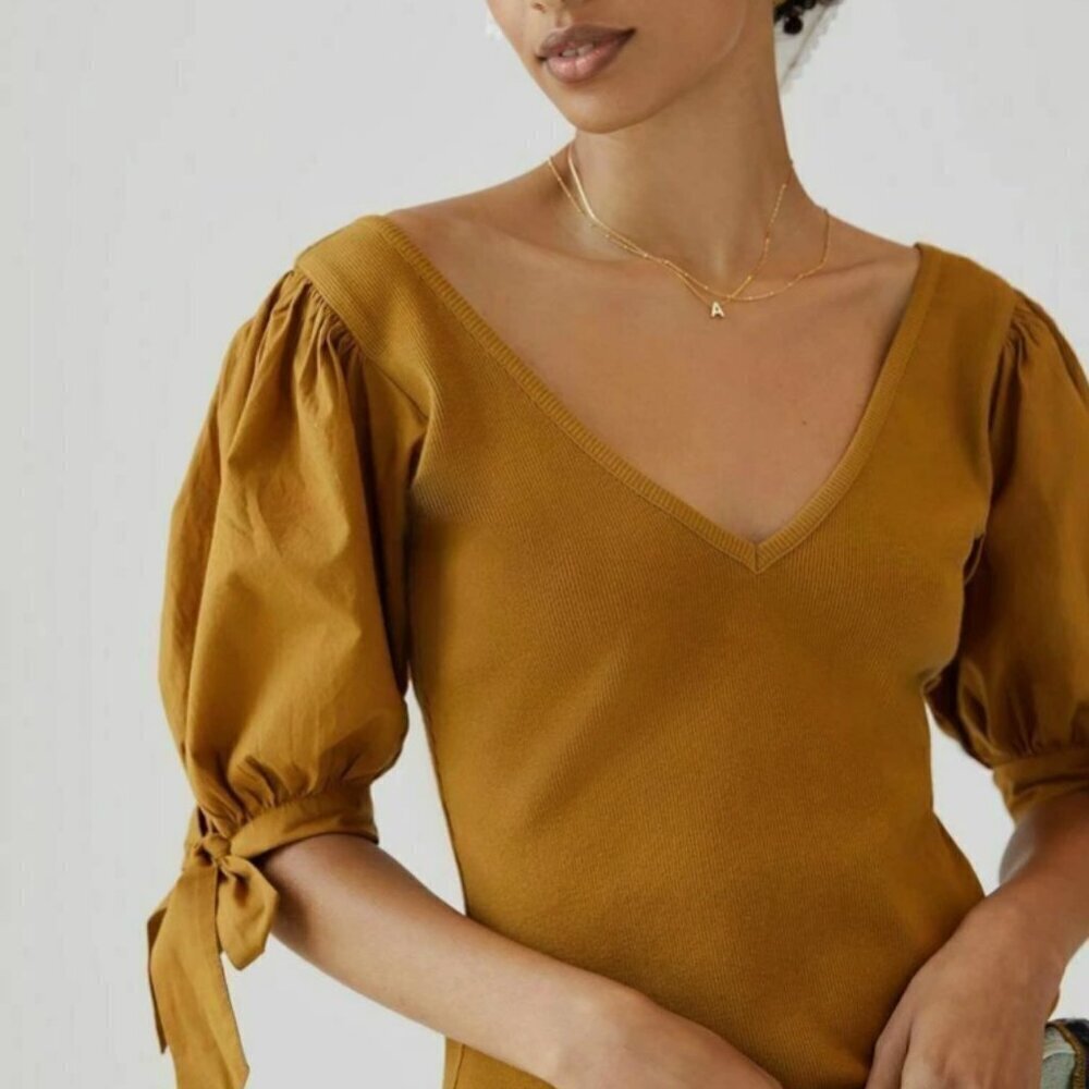 Maeve Anthropologie Meadow Rue  Mustard Ribbon Tied Puff-Sleeved V Neck Blouse S - Picture 2 of 9